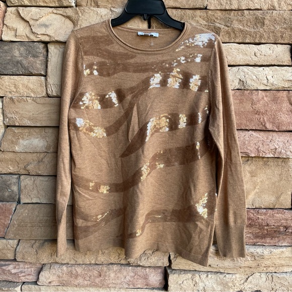 Chico’s tan brown knit sequin sweater top Women Medium New - Picture 1 of 13
